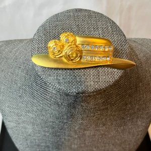 Vintage JJ Brushed Matte Gold Tone Ladies Hat Clear Rhinestones Brooch Pin